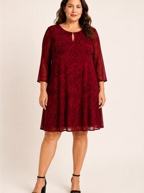 Papillon Red Velvet Flocked Paisley Swing Dress XL